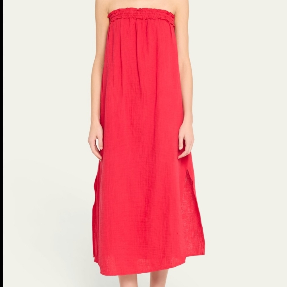 Bird& Knoll Kahlo Strapless Red Gauzy Boho Relaxed Fit Maxi Sundress Sz XL Beach